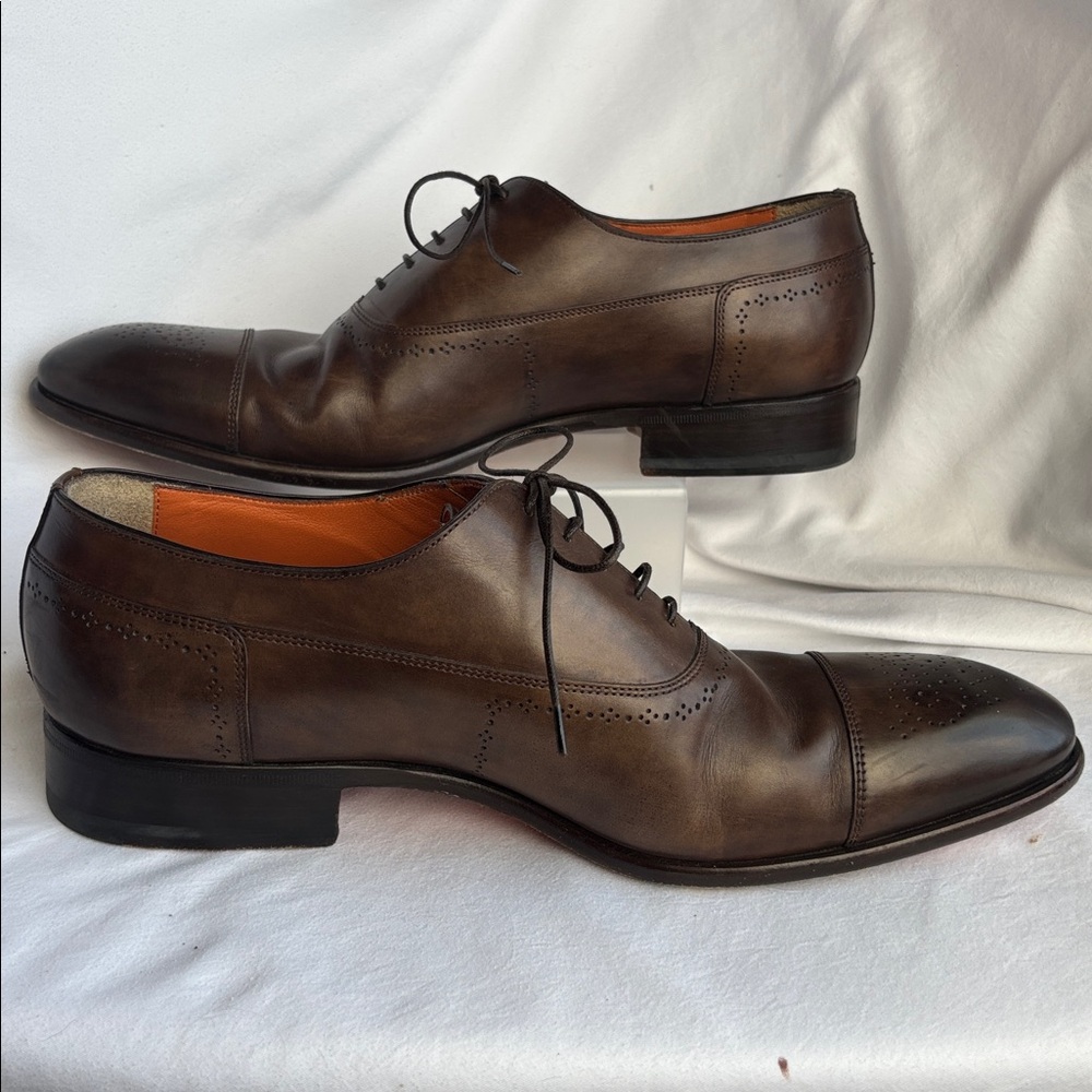 Santoni Brown Leather Cap Toe Medallion Oxford Dress Shoes Men’s 10 D Italy - Picture 2 of 11